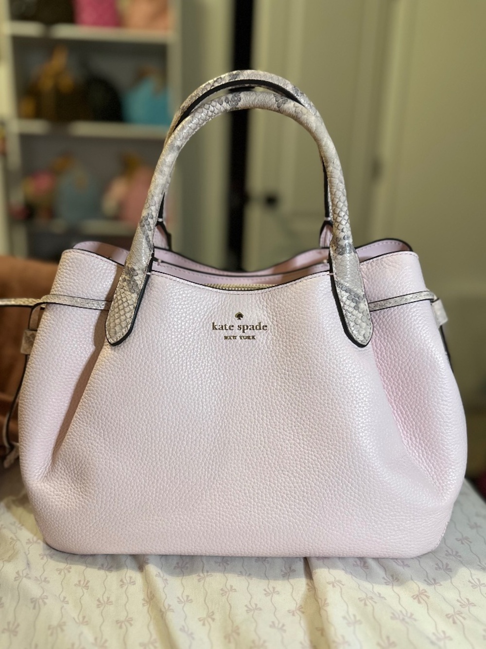 Kate Spade New York Dumpling Snake-Embossed Satchel in a light pink/shimmer pink